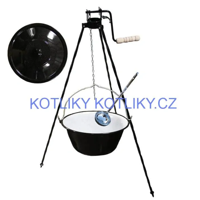 Smaltovaný kotlík 10 L + poklice + stojan s kladkou VAR