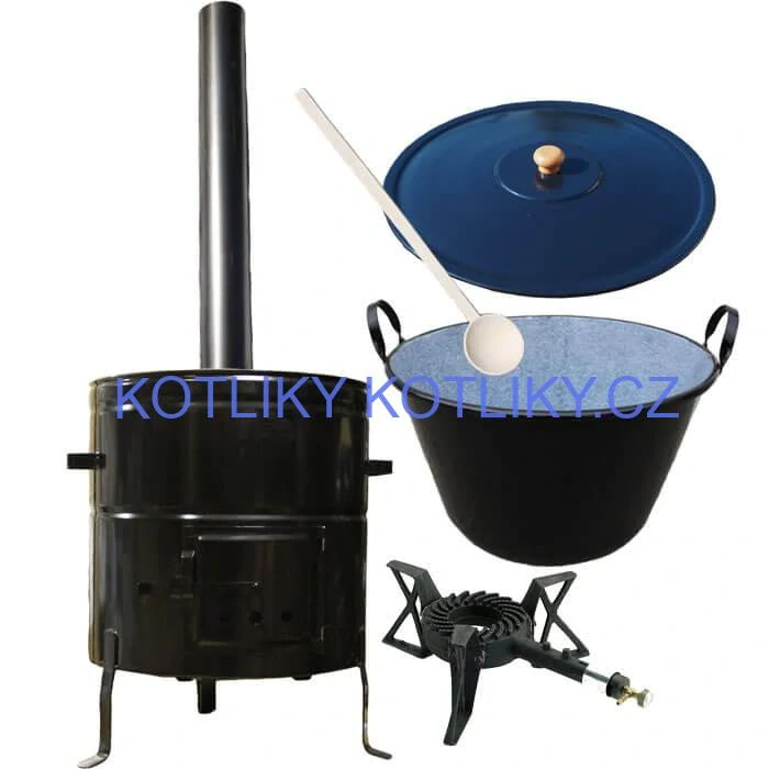 Zabijačkový smaltovaný kotel 60 L + kovová kotlina 53 cm + hořák 7 kW + kouřovod