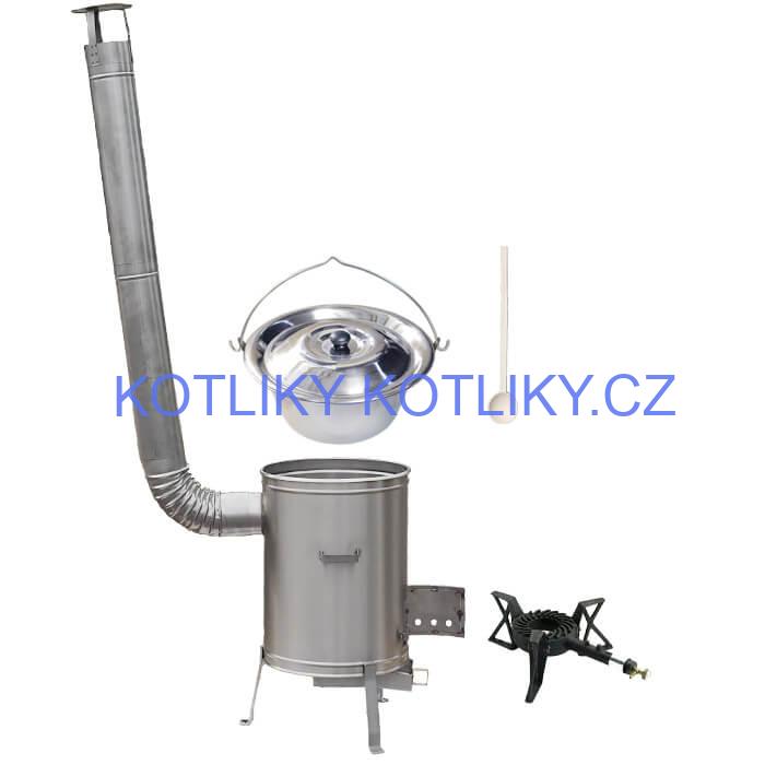 Nerezový kotlík 10 L (1,2 mm) + nerezová kotlina 36 cm + litinový hořák 7 kW, vařečka LUX