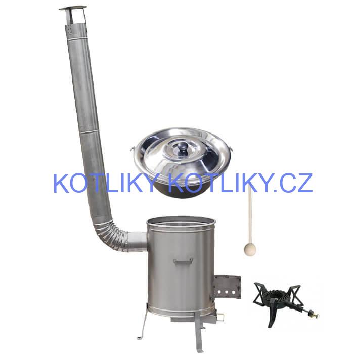 Nerezový kotlík 15 L (1,5 mm) + nerezová kotlina 36 cm + litinový hořák 7 kW, vařečka LUX