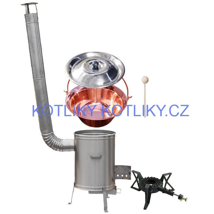 Měděný kotlík 20 L (1,2 mm) + nerezová kotlina 42 cm + litinový hořák 7 kW, vařečka LUX