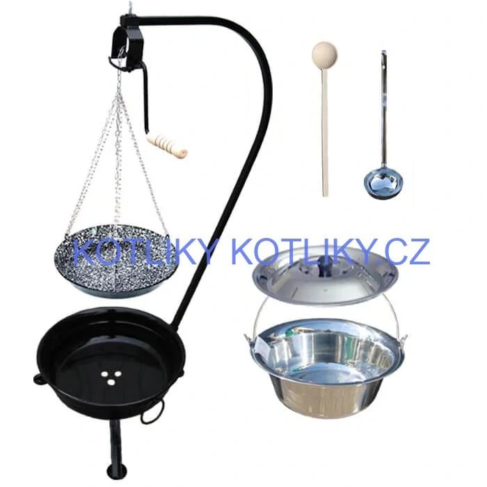 Nerezový kotlík 14 L (0,8 mm) INOX + smaltovaná pánev + ohniště se stojanem as pojistnou kladkou VAR