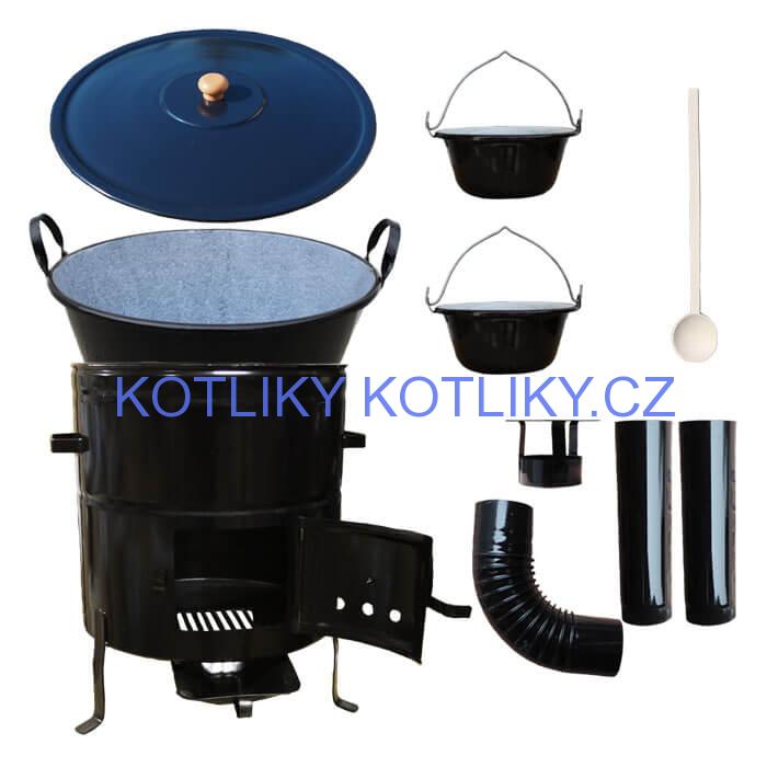 Zabijačkový smaltovaný kotel 80 L + kovová kotlina 58 cm + 2 servírovací kotlíky  a kouřovod