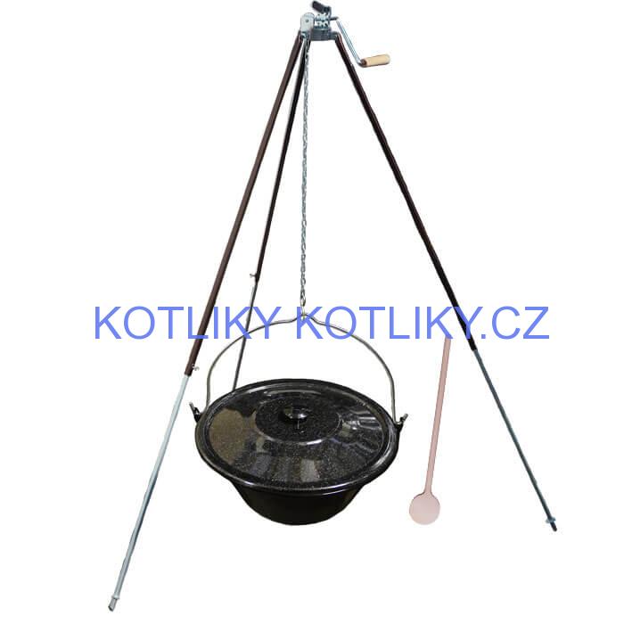 Smaltovaný kotlík 16 L (1,2 mm) + teleskopická trojnožka s pojistnou kladkou + poklice