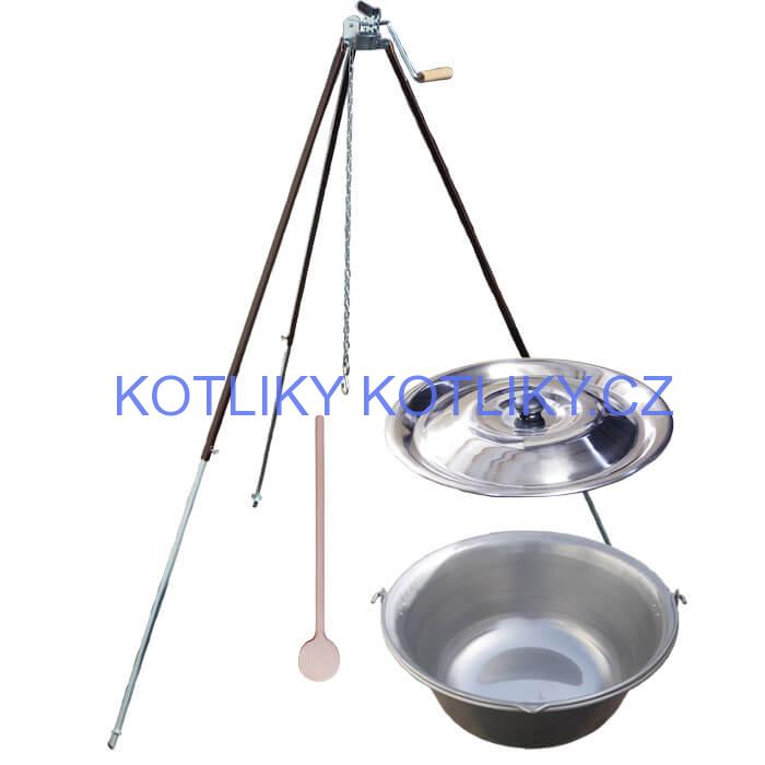 Nerezový kotlík 15 L (1,5 mm) + teleskopická trojnožka s pojistnou kladkou + poklice
