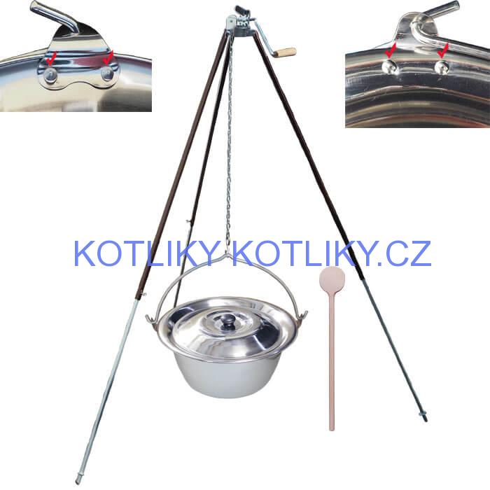 Nerezový kotlík 20 L (0,8 mm) s nýty + teleskopická trojnožka s pojistnou kladkou + poklice