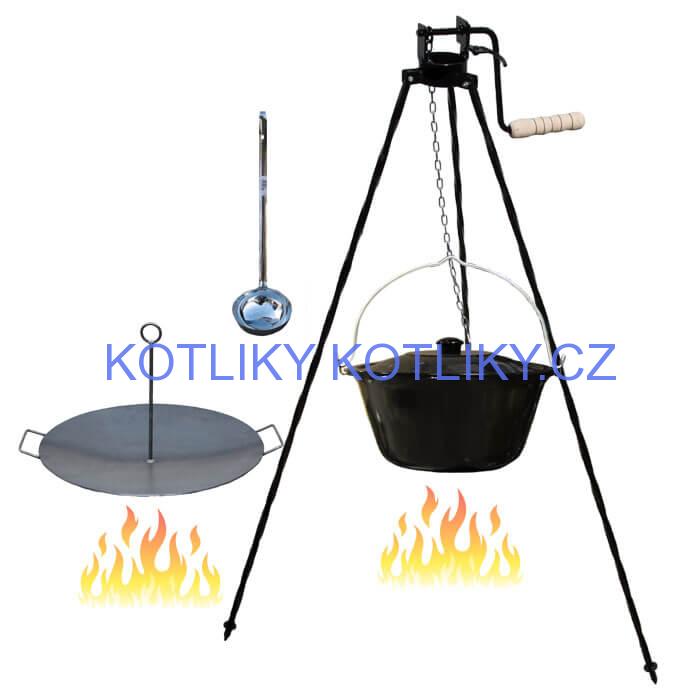 Smaltovaný kotlík 20 L (1,2 mm) + pánev na grilování a stojan s kladkou VAR