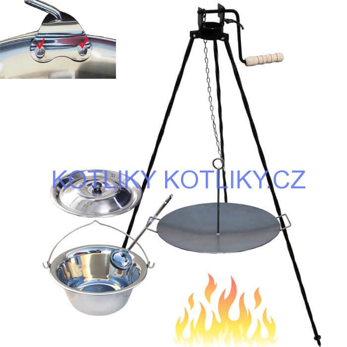 Nerezový kotlík 15 L (0,8 mm) s nýty + pánev na grilování a stojan s kladkou VAR