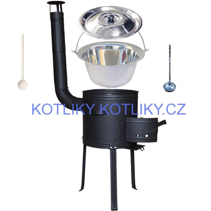 Nerezový kotlík 14 L (0,8 mm) + kovová kotlina s vysokými nožičkami 36 cm, žáruvzdorná barva Plus 700 + vařečka a naběračka