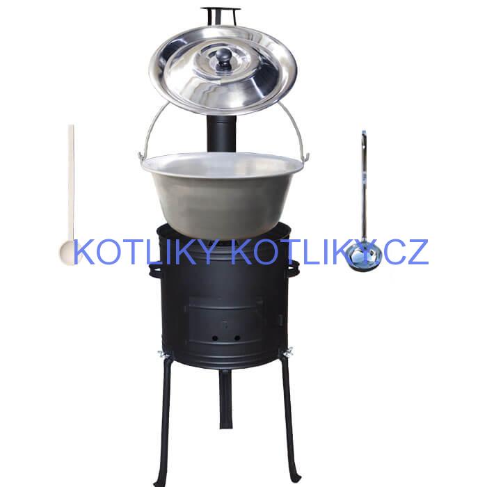 Nerezový kotlík 20 L (1,5 mm) + kovová kotlina s vysokými nožičkami 42 cm , žáruvzdorná barva Plus 700 + vařečka a naběračka
