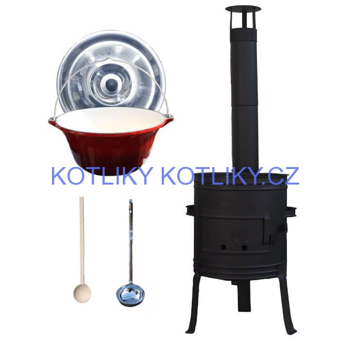 Litinový kotlík 10 L se smaltovanou úpravou + nízká žáruvzdorná kotlina 33 cm PLUS 700 + vařečka a naběračka