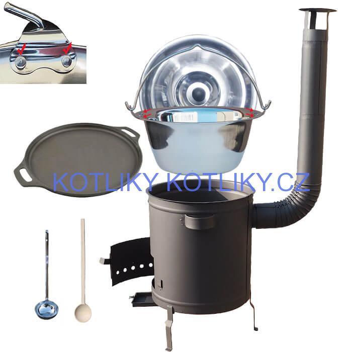 Nerezový kotlík 20 L (0,8 mm) zesílený s nýty + Litinová pánev 43 cm + silnostěnná (1,5 mm) a žáruvzdorná kotlina 42 PLUS 600