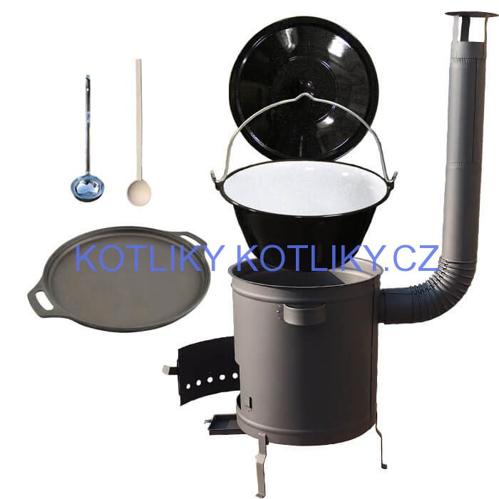 Smaltovaný kotlík 20 L (1,2 mm) + Litinová pánev 43 cm + silnostěnná (1,5 mm) a žáruvzdorná kotlina 42 PLUS 600