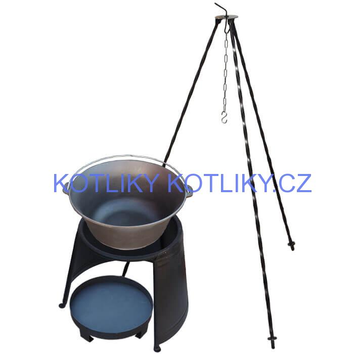 Litinový kotlík 10,8 L + chránič plamene 37 cm + ohniště 36 cm + trojnožka 1,2 m