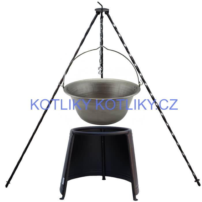 Železný kotlík 10 L (0,75 mm) + chránič plamene 37 cm + trojnožka 1,2 m