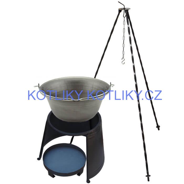 Železný kotlík 14 L (0,75 mm) + chránič plamene 37 cm + ohniště 36 cm + trojnožka 1,2 m
