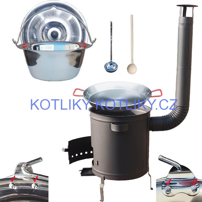 Nerezový kotlík 15 L (0,8 mm) zesílený s nýty + Paella pánev 38 cm + silnostěnná (1,5 mm) žáruvzdorná kotlina 36 PLUS 600