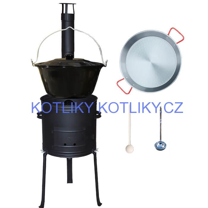 Smaltovaný kotlík 20 L + Paella pánev 46 cm + kovová kotlina s vysokými nožičkami 42 cm, žáruvzdorná barva Plus 700