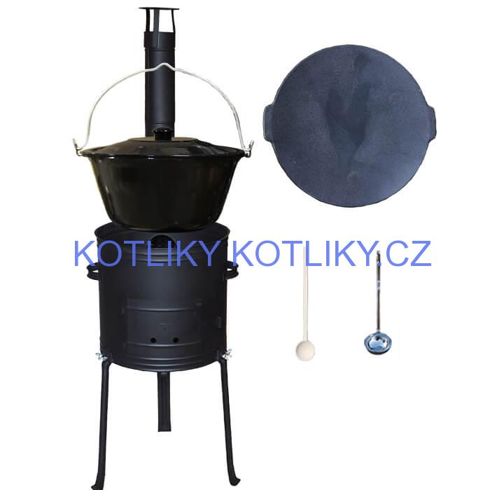 Smaltovaný kotlík 25 L + Litinová pánev 45 cm + kovová kotlina s vysokými nožičkami 42 cm, žáruvzdorná barva Plus 700