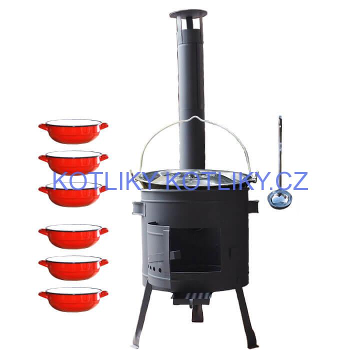 Smaltovaný kotlík 25 L + selské misky 6 ks + nízká žáruvzdorná kotlina 42 cm PLUS 600