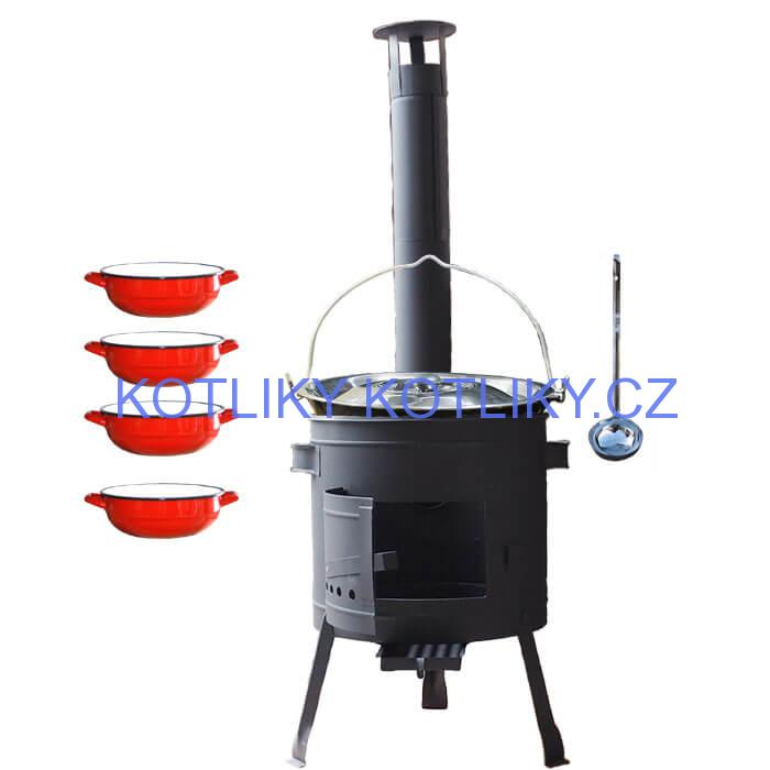 Smaltovaný kotlík 16 L + selské misky 4 ks + nízká žáruvzdorná kotlina 39 cm PLUS 600
