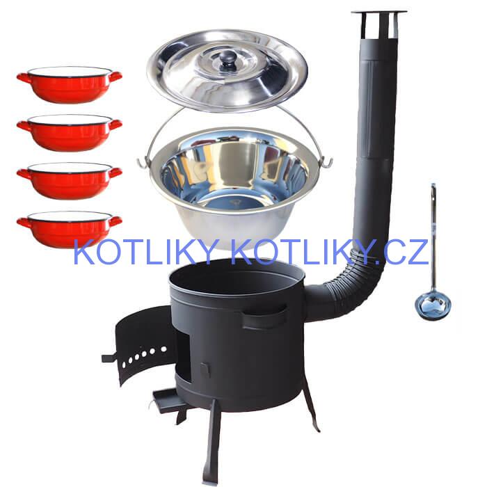 Nerezový kotlík 22 L (0,8 mm) INOX + selské misky 4 ks + nízká žáruvzdorná kotlina 42 cm PLUS 600