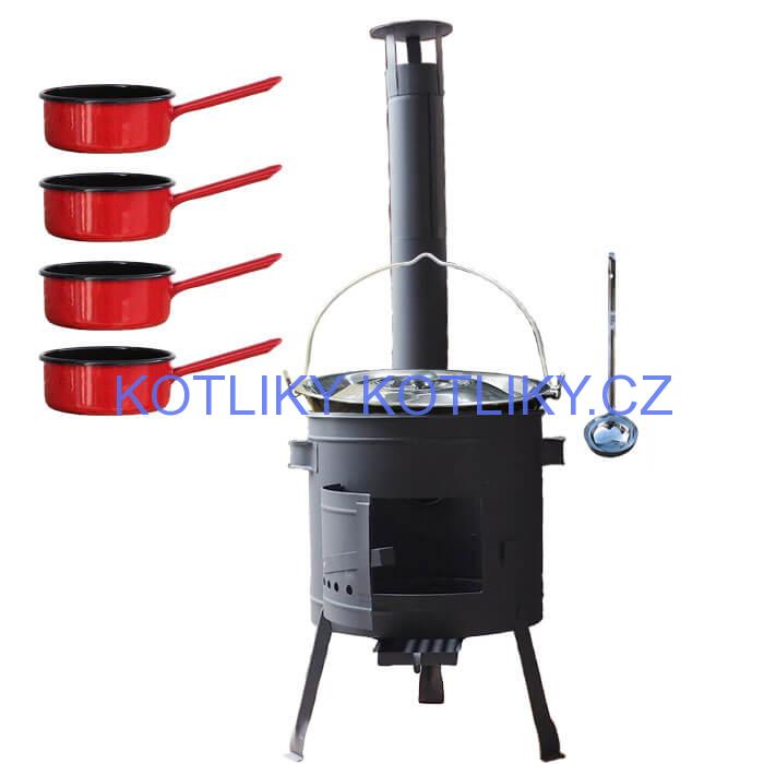 Smaltovaný kotlík 16 L + smaltované rendlíky 4 ks + nízká žáruvzdorná kotlina 39 cm PLUS 600
