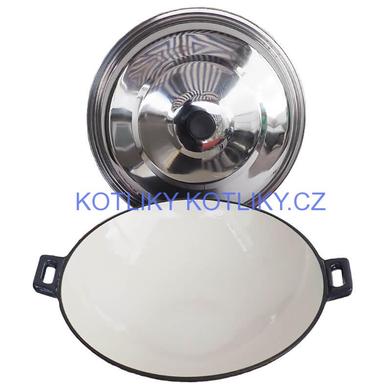 Litinový wok – smaltovaný povrch 37 cm + nerezová poklice