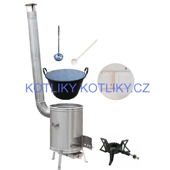 Zabijačkový smaltovaný kotel 100 L + nerezová kotlina 60 cm + hořák 7 kW + vařečka a naběračka