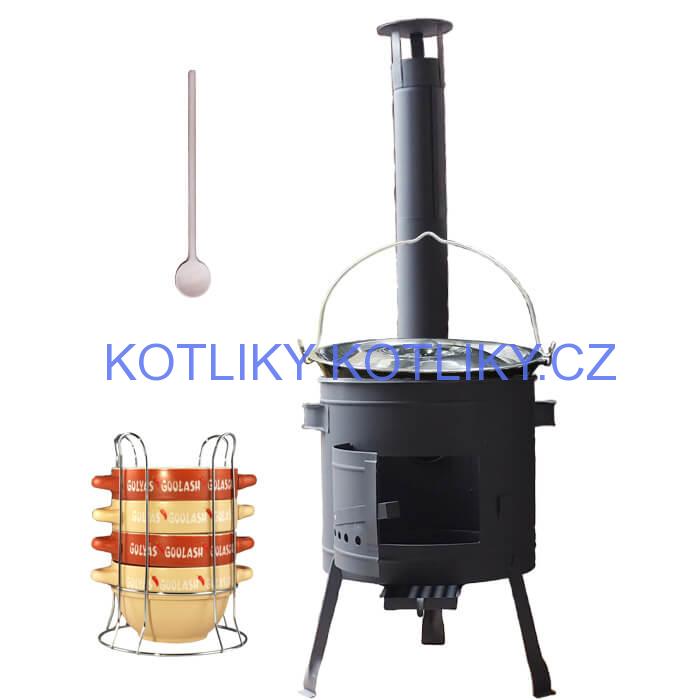 Smaltovaný kotlík 22 L (1,2 mm) + misky na guláš 4 ks + nízká žáruvzdorná kotlina 42 PLUS 600