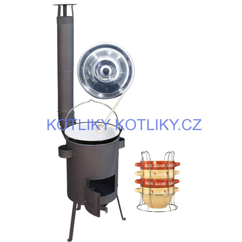 Smaltovaný kotlík 22 L (1,2 mm) + misky na guláš 4 ks + žáruvzdorná kotlina 42 PLUS 600 4 MM
