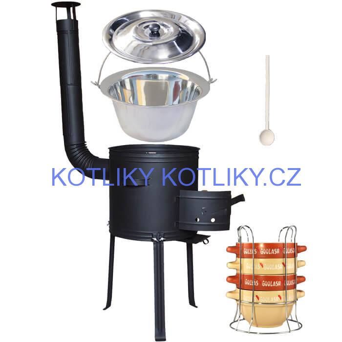 Nerezový kotlík 22 L (0,8 mm) INOX + misky na guláš 4 ks + nízká žáruvzdorná kotlina 42 PLUS 700