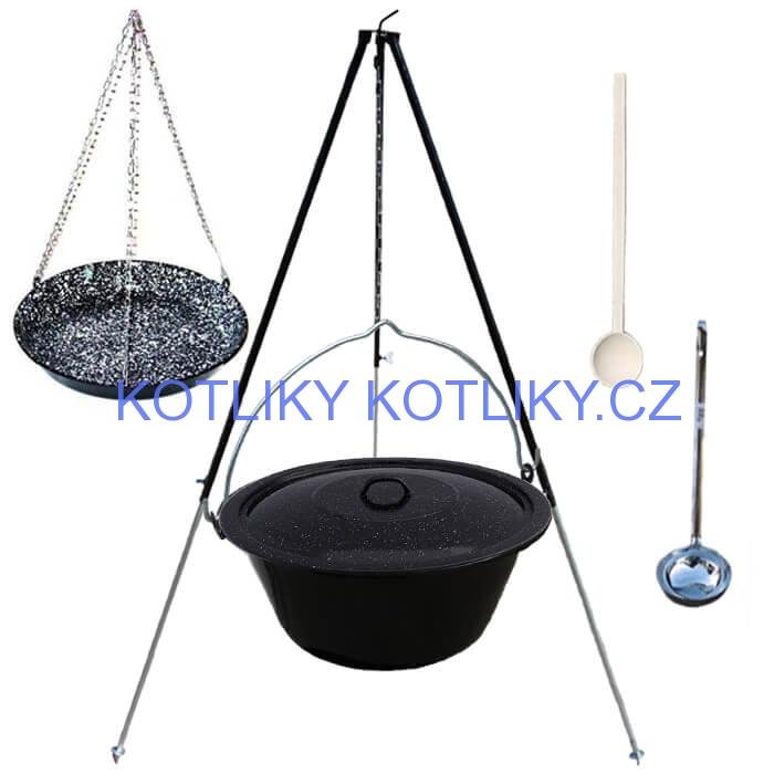 Smaltovaný kotlík 30 L + pánev na grilování + teleskopická trojnožka