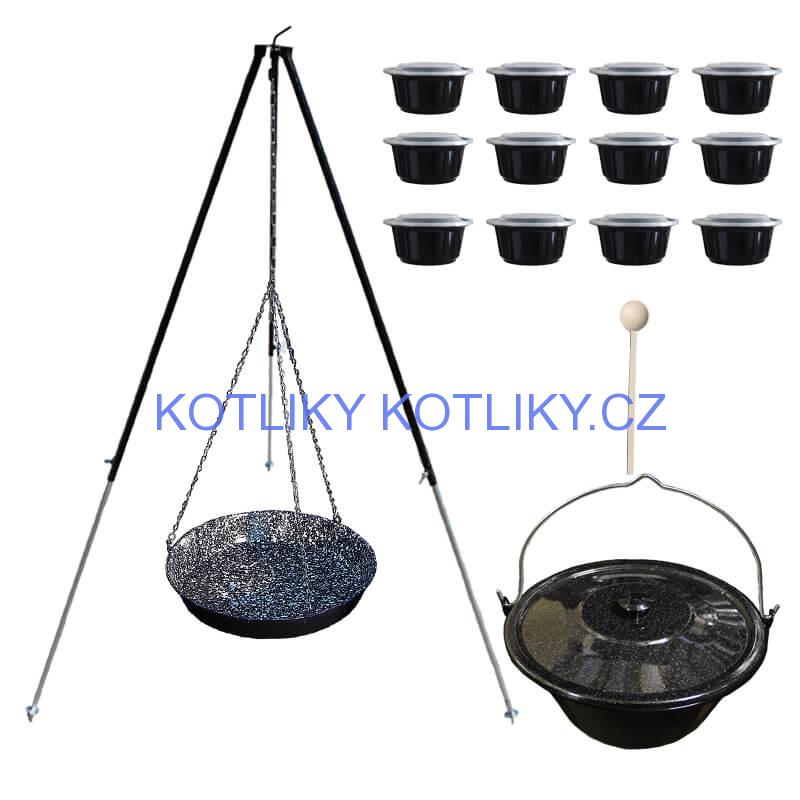 Smaltovaný kotlík 30 L + pánev na grilování + teleskopická trojnožka + misky 12 ks