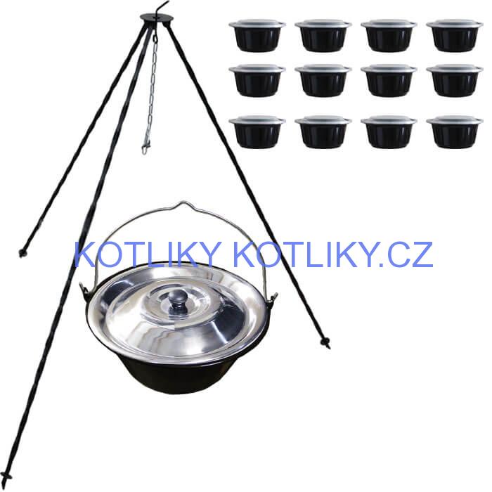Smaltovaný kotlík 16 L (1,2 mm) + nerezová poklice + trojnožka 1,20 m + misky 12 ks