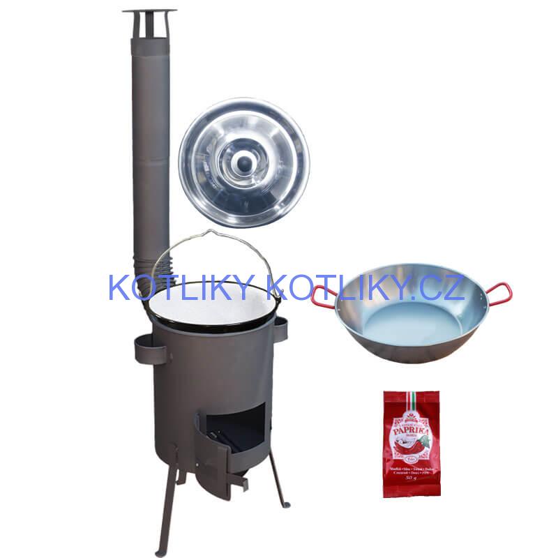 Smaltovaný kotlík 22 L + Pánev PAELLA (WOK) 45 cm + sladká paprika 50 g + žáruvzdorná kotlina 42 PLUS 600 s roštem na popel 4 mm
