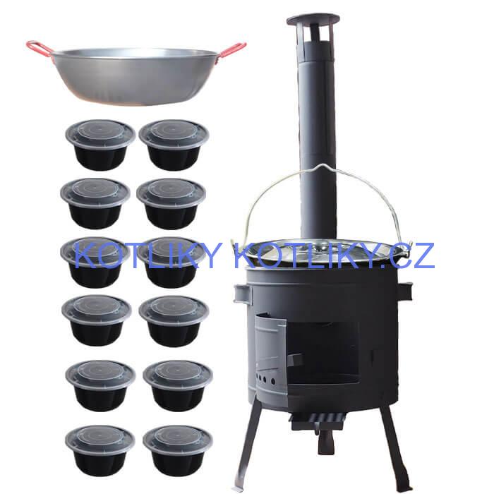 Smaltovaný kotlík 22 L + Pánev PAELLA (WOK) 45 cm + misky 12 ks + nízká kotlina 42 PLUS 600