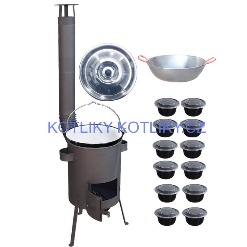 Smaltovaný kotlík 22 L + Pánev PAELLA (WOK) 45 cm + misky 12 ks + žáruvzdorná kotlina 42 PLUS 600 s roštem na popel 4 mm