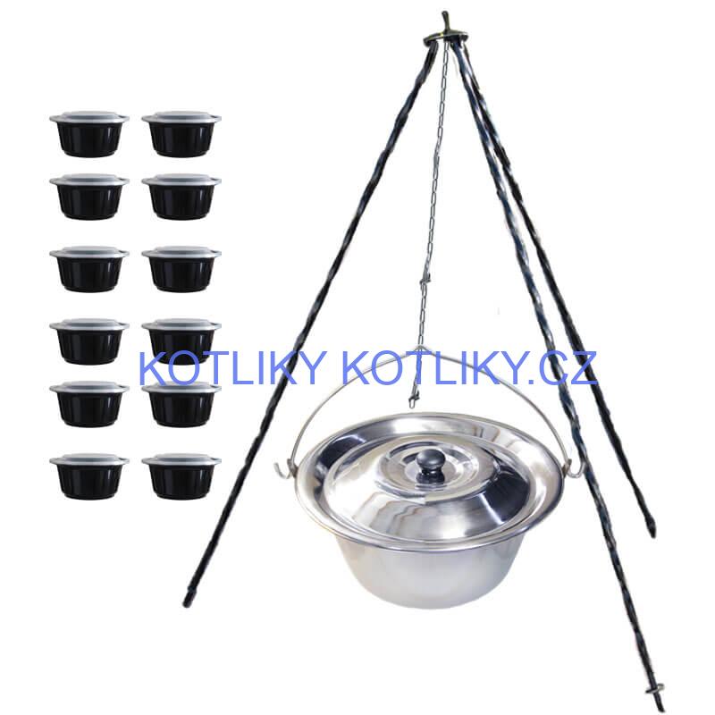 Nerezový kotlík 10 L (0,8 mm) INOX + poklice + trojnožka 1,20 m + misky 12 ks