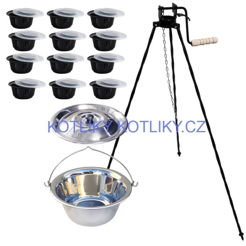 Nerezový kotlík 14 L (0,8 mm) INOX + stojan s kladkou VAR + misky 12 ks