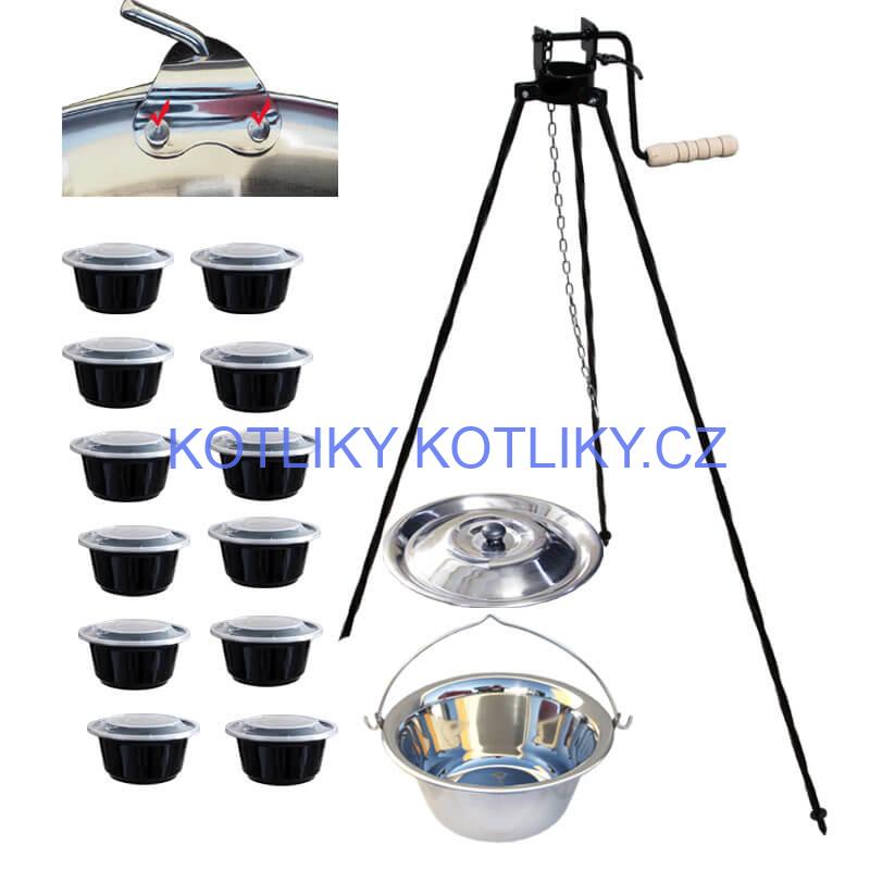 Nerezový kotlík 15 L (0,8 mm) s nýty + stojan s kladkou VAR + misky 12 ks