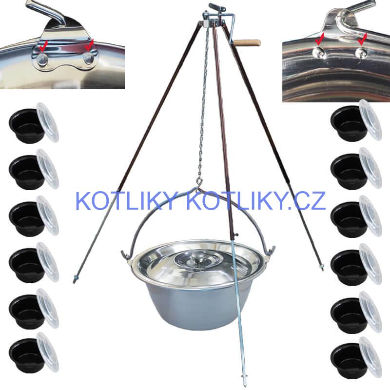 Nerezový kotlík 30 L (0,8 mm) s nýty + teleskopická trojnožka s pojistnou kladkou + misky 12 ks