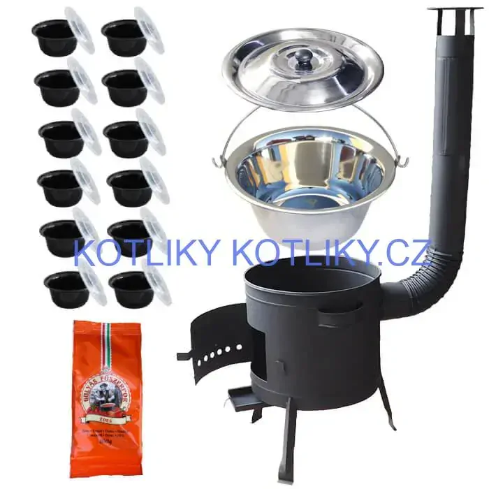 Nerezový kotlík 22 L (0,8 mm) INOX + silnostěnná (1,5 mm) žáruvzdorná kotlina BALKY STRONG 42 PLUS 600 + misky 12 ks + paprikové koření na guláš 100 g