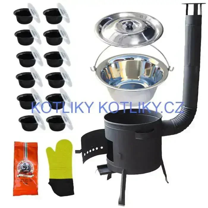Nerezový kotlík 22 L (0,8 mm) + misky 12 ks + nízká žáruvzdorná kotlina (0,8 mm) 42 PLUS 600