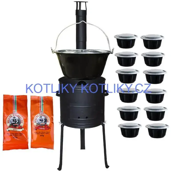 Smaltovaný kotlík 22 L (1,2 mm) + žáruvzdorná kotlina 42 cm Plus 700 + misky 12 ks + 2 x pepř na guláš 100 g