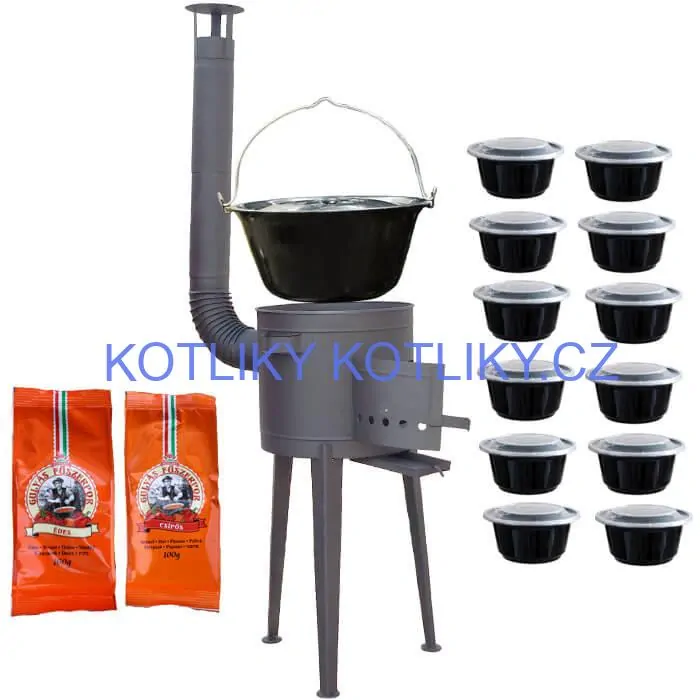 Smaltovaný kotlík 22 L (1,2 mm) + vysoká žáruvzdorná kotlina (2,0 mm) HODO 42 cm PLUS 600 + misky 12 ks + 2 x pepř na guláš 100 g