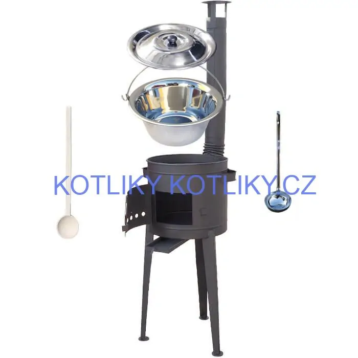 Nerezový kotlík 20 L (1,2 mm) INOX + vysoká žáruvzdorná kotlina (2,0 mm) HODO 42 cm PLUS 600 + vařečka + naběračka