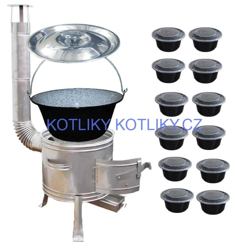 Smaltovaný kotlík 25 L + Nerezová kotlina 42 INOX + misky 12 ks