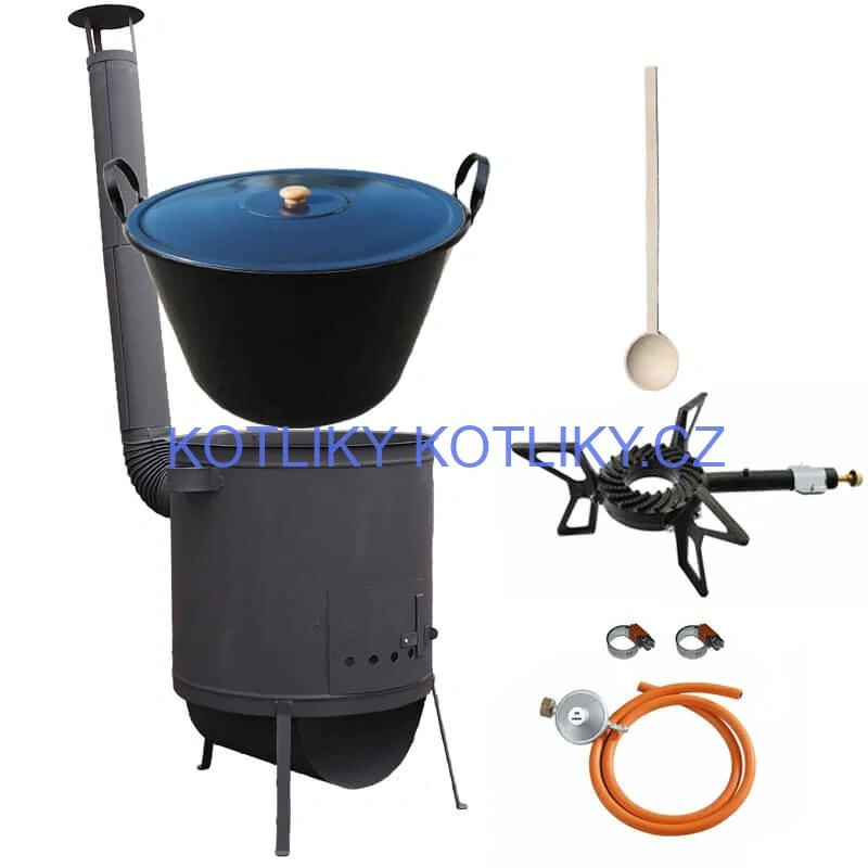 Smaltovaný kotel 60 L na zabijačku + žáruvzdorná kotlina 53 PLUS 600 4 MM + hořák 7,5 kW + vařečka