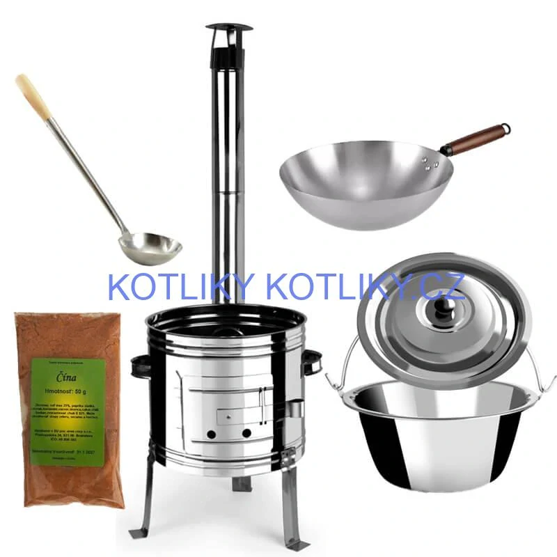 Nerezový kotlík 10 L (0,8 mm) + nerezová kotlina 31 INOX + Wok + koření 50 g